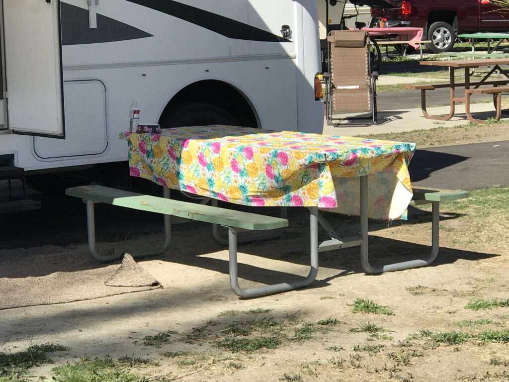 picnic table with tablecloth