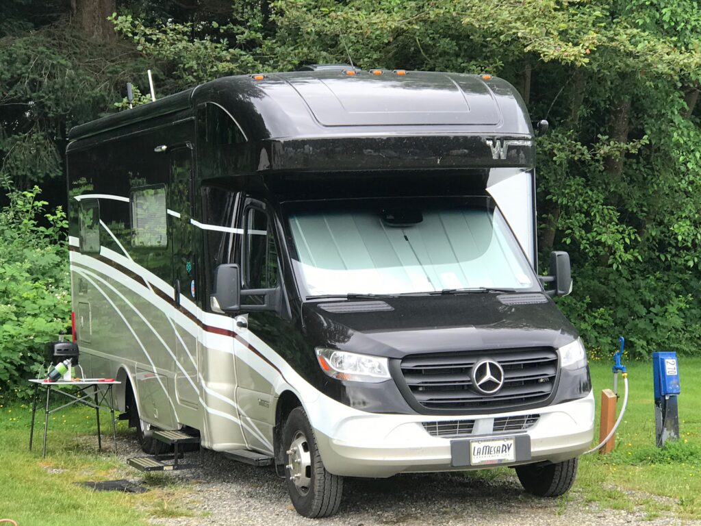 Class C RV parked in site
