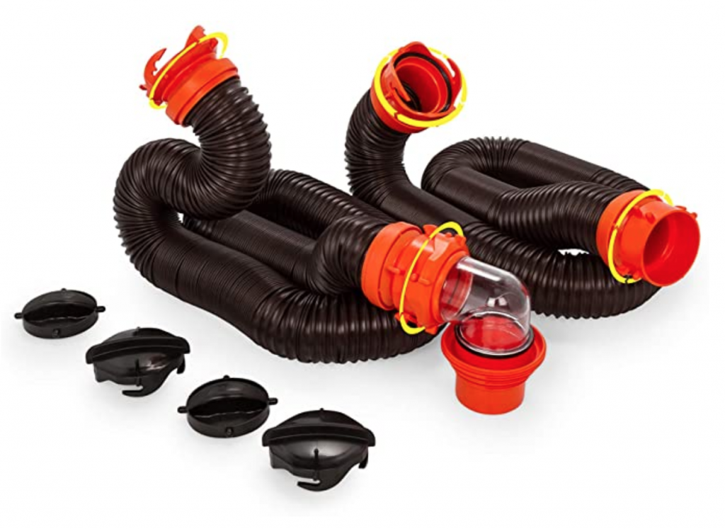 RV sewer hose with four caps and two connections 