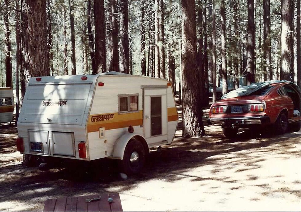 A vintage teardrop trailer parked in the woods, one of the smallest towable RVs.