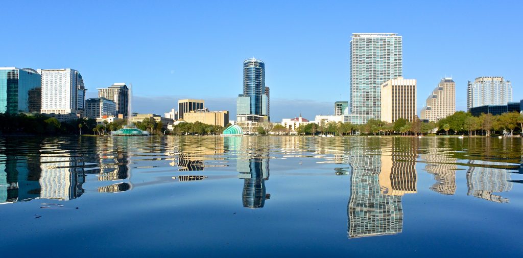 Landscape shot of downtown Orlando, FL. Florida is one of the best states for RV domicile. 