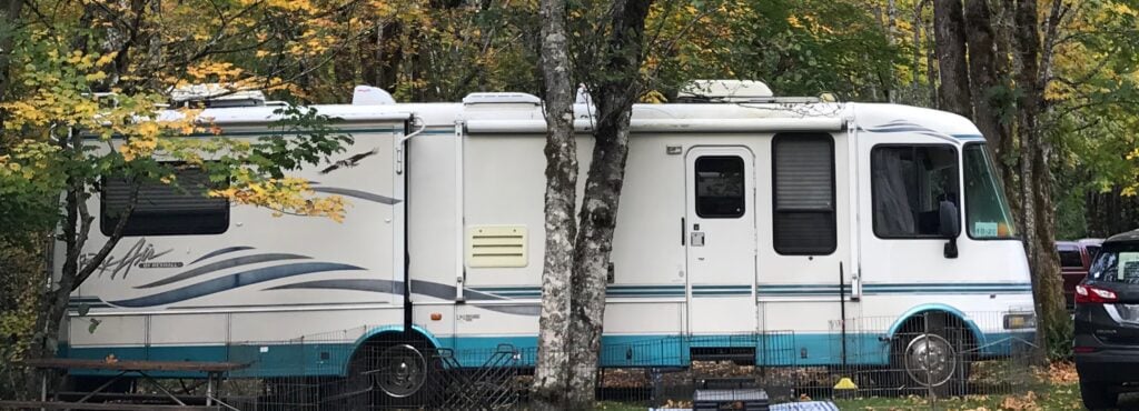 What's my RV Worth? motorhome parked between trees