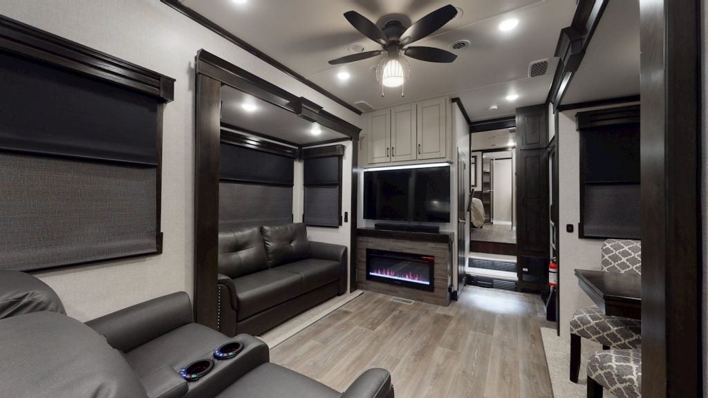 Interior shot of the living room of a 5th wheel RV