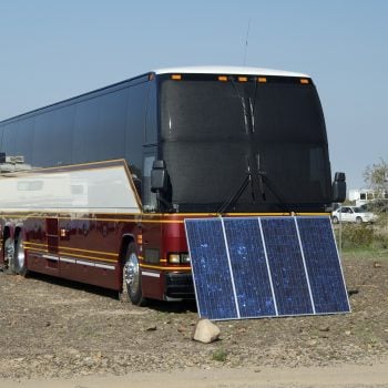 Solar panels used in the desert to provide electricity for a recreational vehicle - RV parts and accessories.