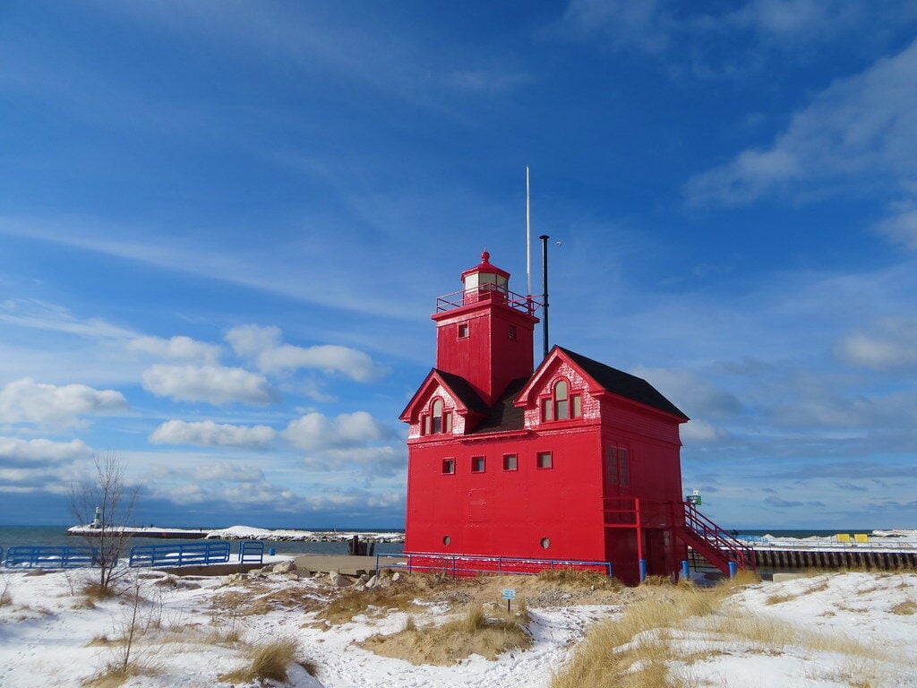 red lighthouse in Michigan