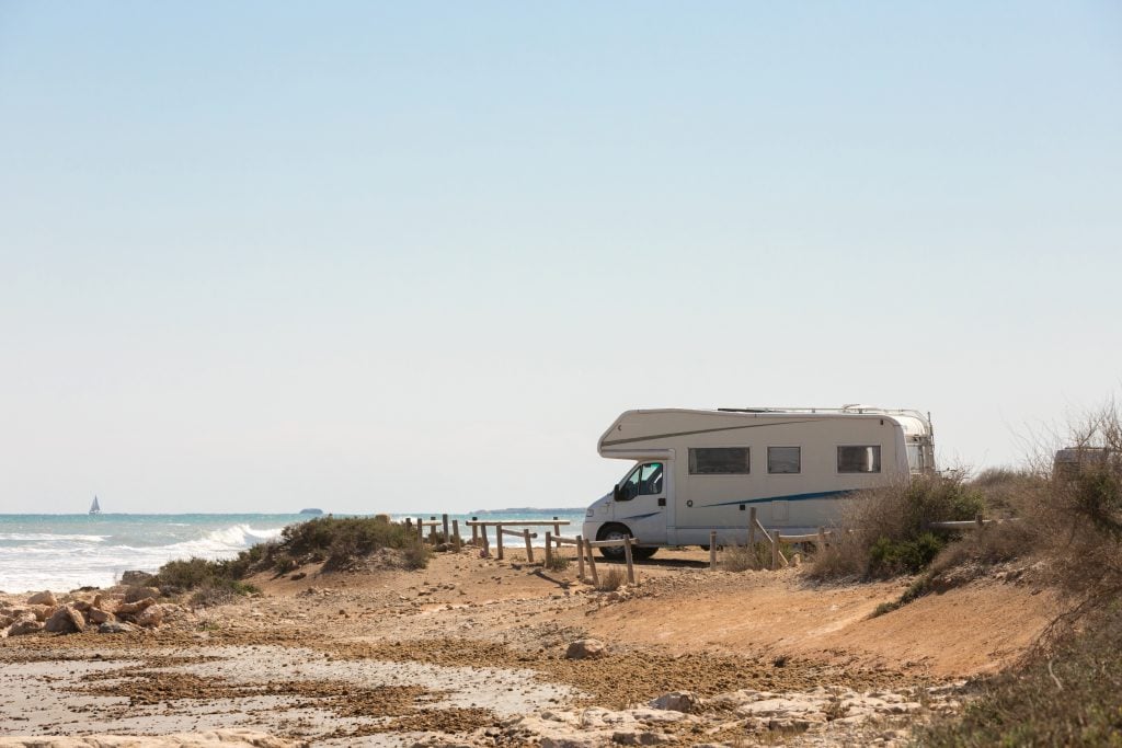 RV parked in front of beach view