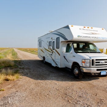 RV parked on road in Texas near Route 66 campgrounds