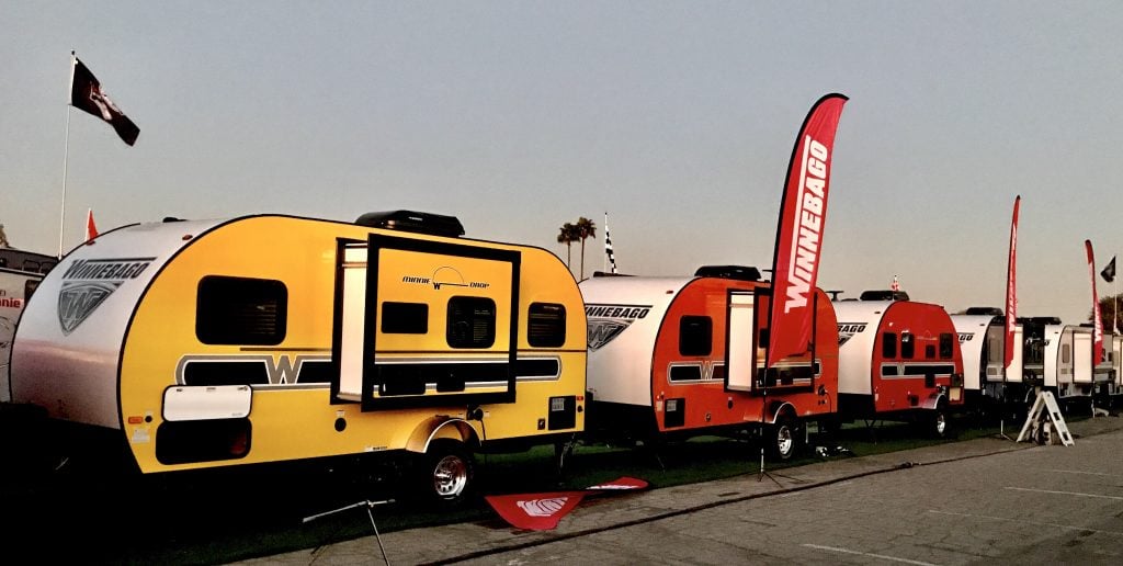 Winnebago travel trailers lined up at an RV summit