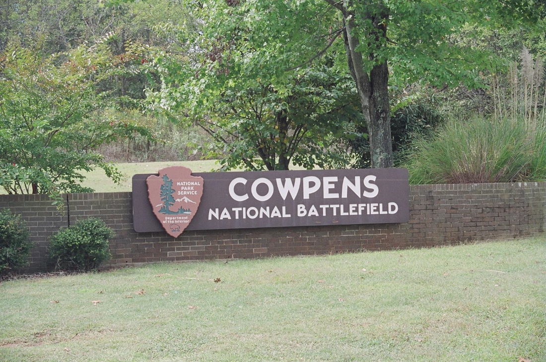 Sign welcoming visitors to Cowpens National Battlefield