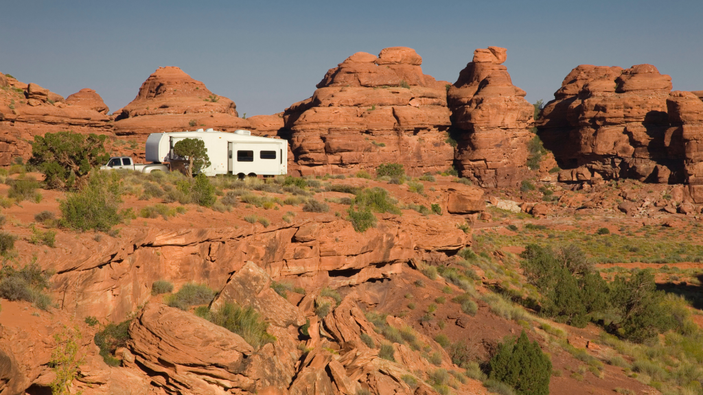 An RV in the desert off-grid camping. 