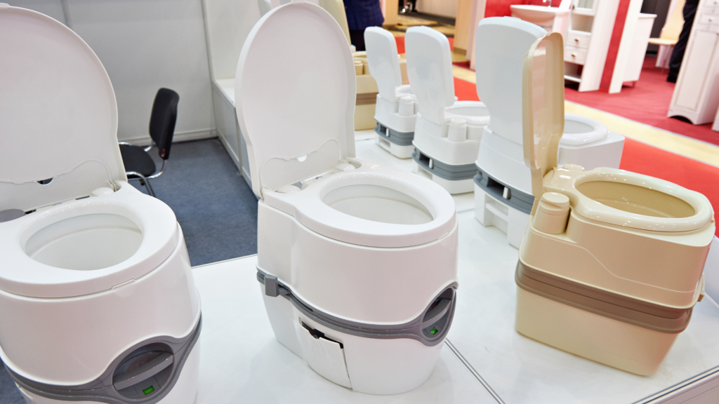 composting toilets displayed at an RV show. This is a great accessory for off-grid camping. 