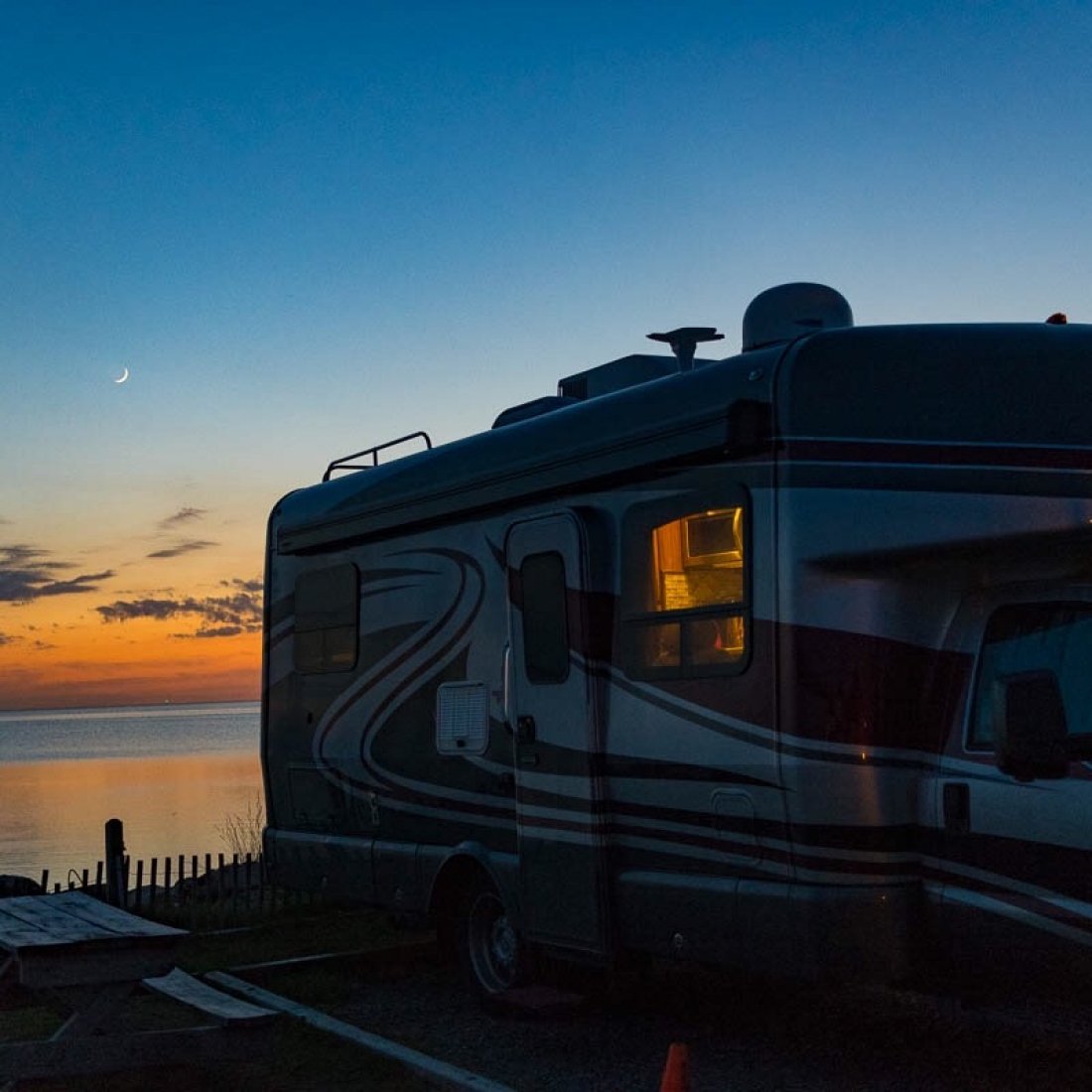 sunset behind motorhome at Outer Banks campgrounds