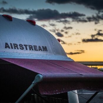 Red awning on an Airstream RV