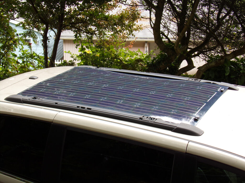 RV solar panel on roof of minivan