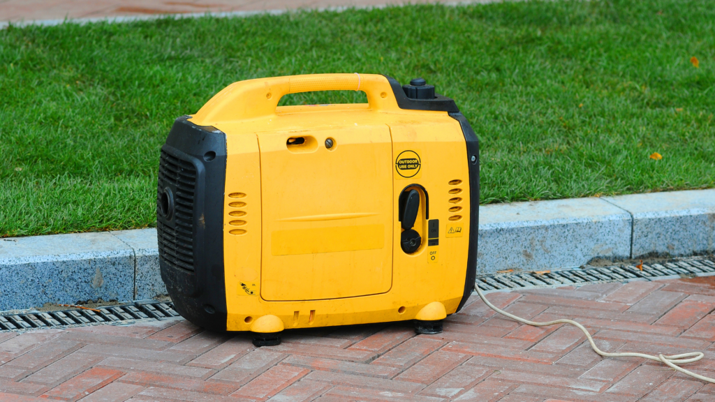 A yellow quiet generator for RV sitting on the ground 