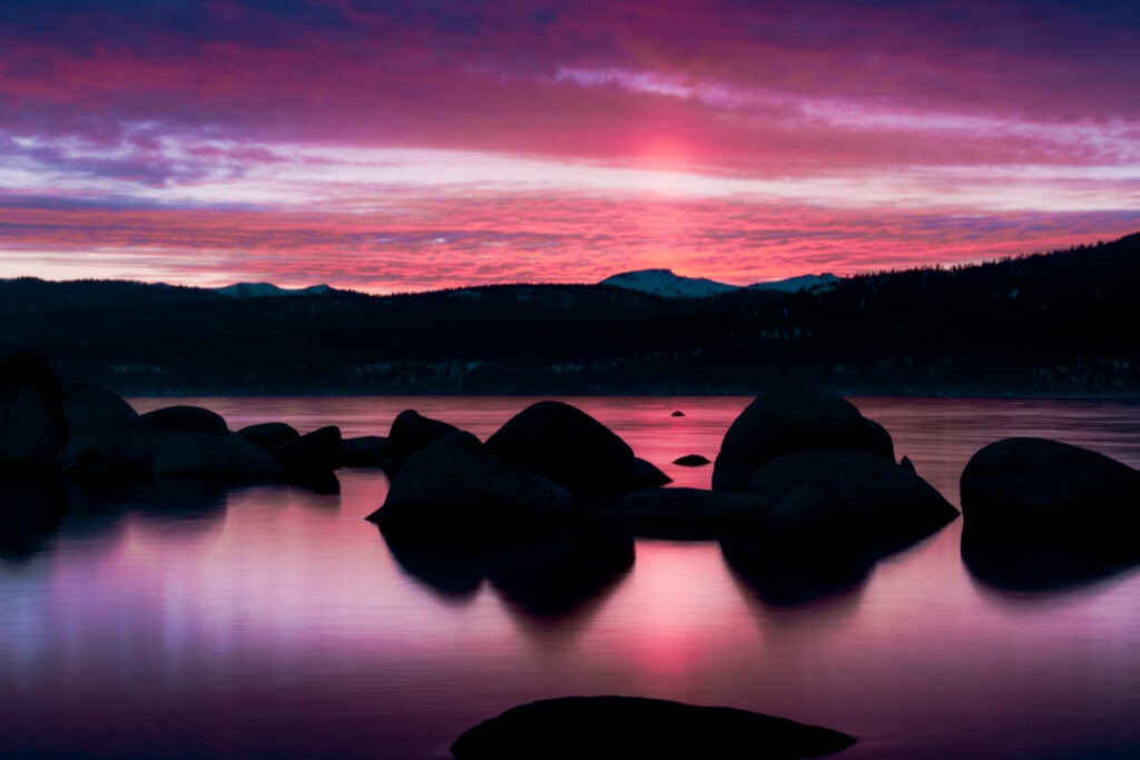 a purple sunset over Lake Tahoe