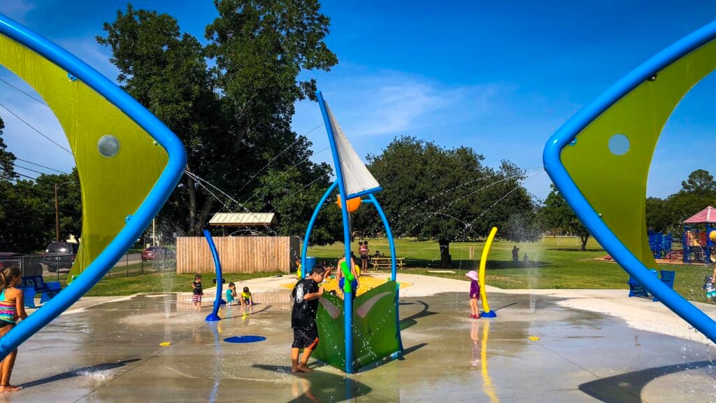 a splash pad at an RV park, this is great entertainment when RV living with kids