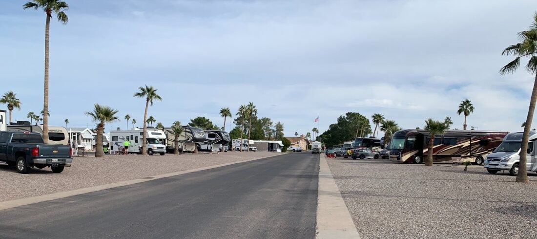 paved road with RV sites on both sides
