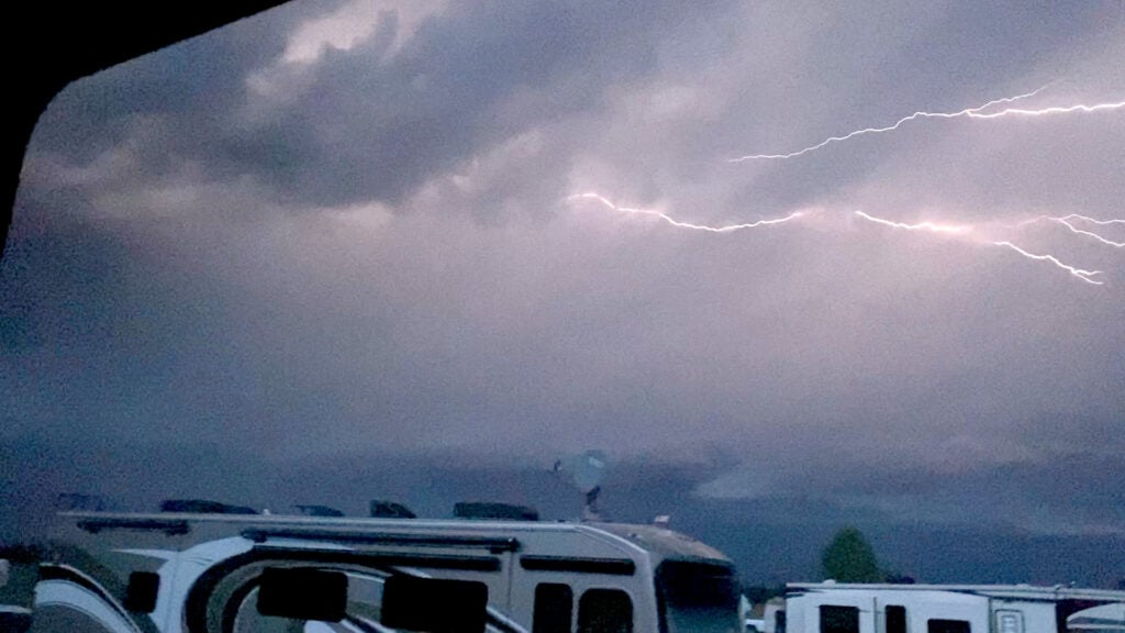 Storm with severe lightning in an RV park