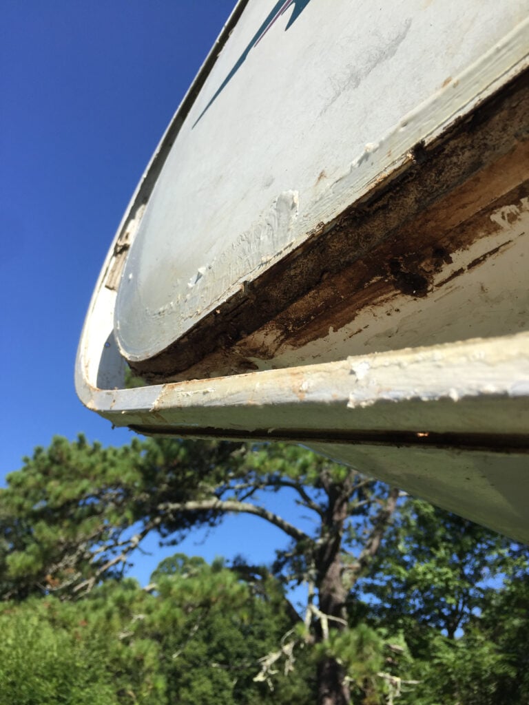 RV water damage in the corner of a Class C cab