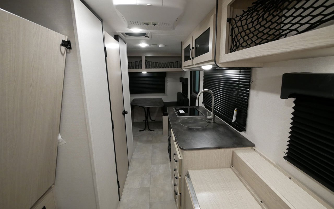 interior kitchen of Apex Nano 16R small travel trailer