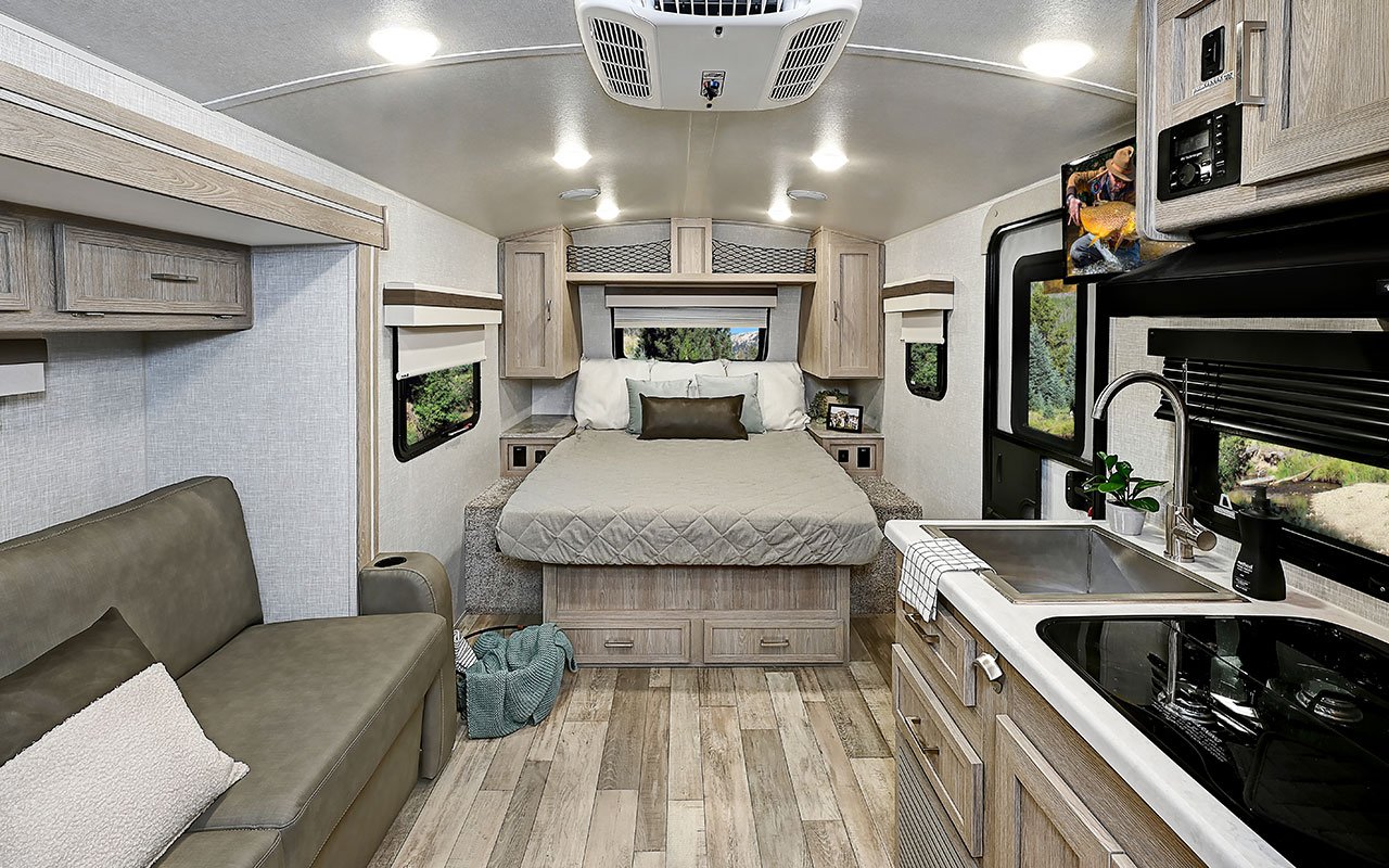 interior of the Rockwood Geo Pro small travel trailer from Forest River, one of the best lightweight travel trailers