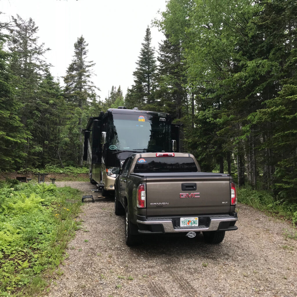 Class A motorhome and truck camping in Petit-Gaspe Campground