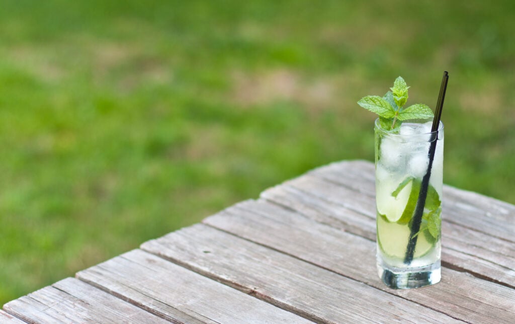 mojito on the picnic table, one of the easy mixed drinks for camping