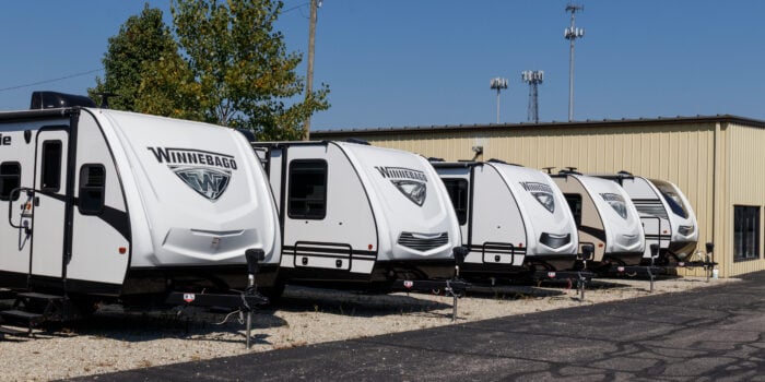 trailers at RV dealer - feature image for RV Buying Tips