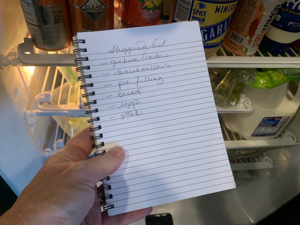 shopping list on white notebook paper with refrigerator items in the background