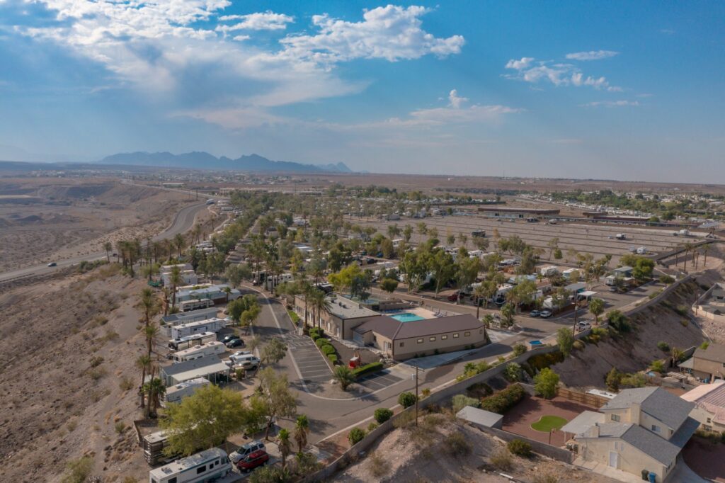 Aerial view of Silver View RV Resort and the surrounding landscape
