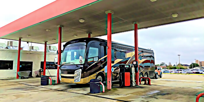motorhome at gas station with diesel fuel discounts