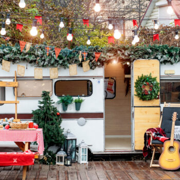 RV decorated for Christmas by full time RVers