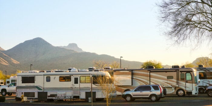 view of RVs at one of the best RV parks in Arizona for snowbirds