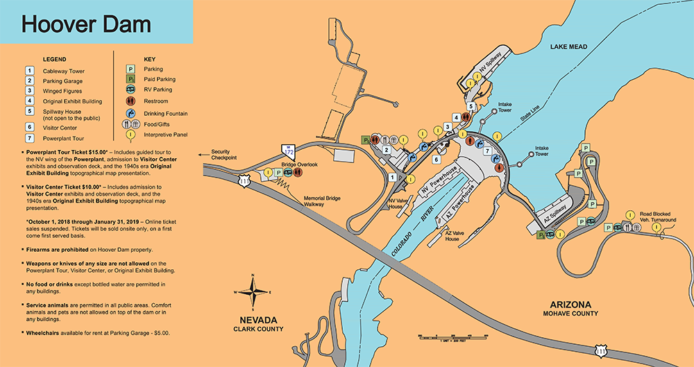  A map of the Hoover Dam and surrounding areas including parking locations