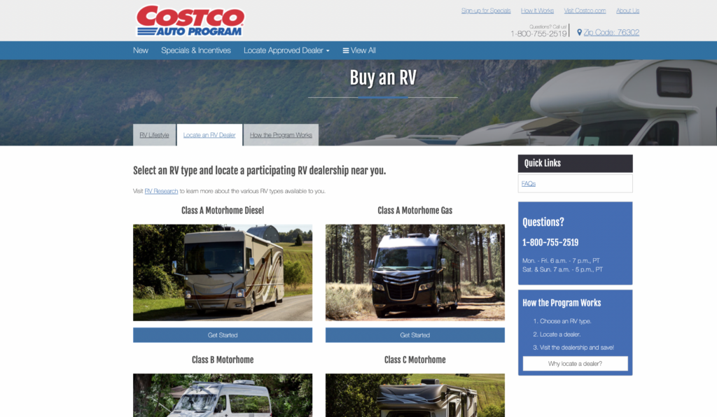 A screenshot of the Costco Auto Program, where you can think about buying an RV through Costco