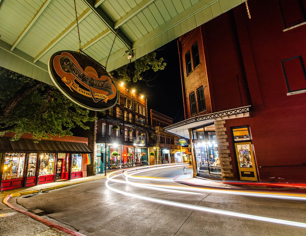 night view of Eureka Springs downtown - one of our favorite RV trip ideas
