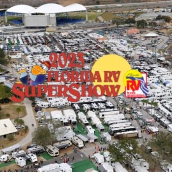 aerial shot of florida rv supershow with logo overlaid