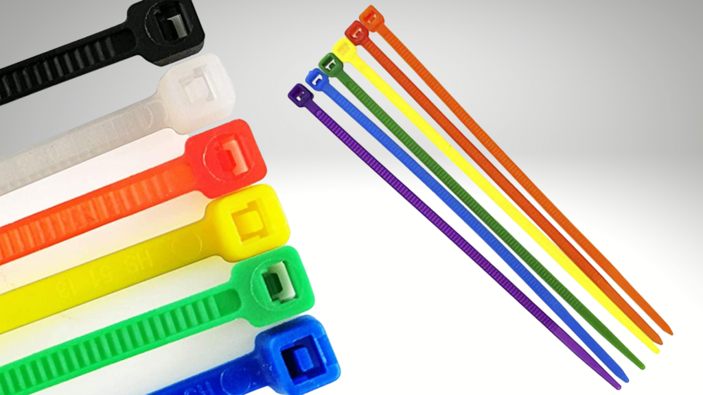 Colorful zip ties on a white background. This is key for your full-time RV tool list.