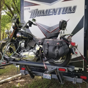 One of the most asked questions on RVing with motorcycles is 'how do you haul it'. Lots of ideas in the book.