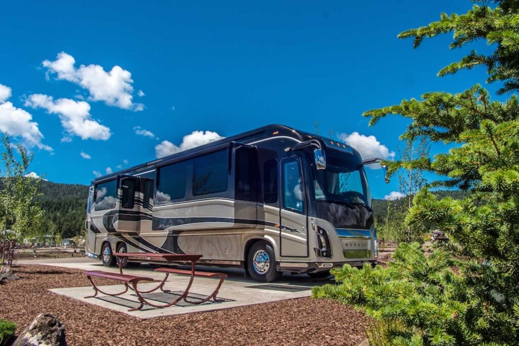 A motorhome parked at Angel Fire RV resort