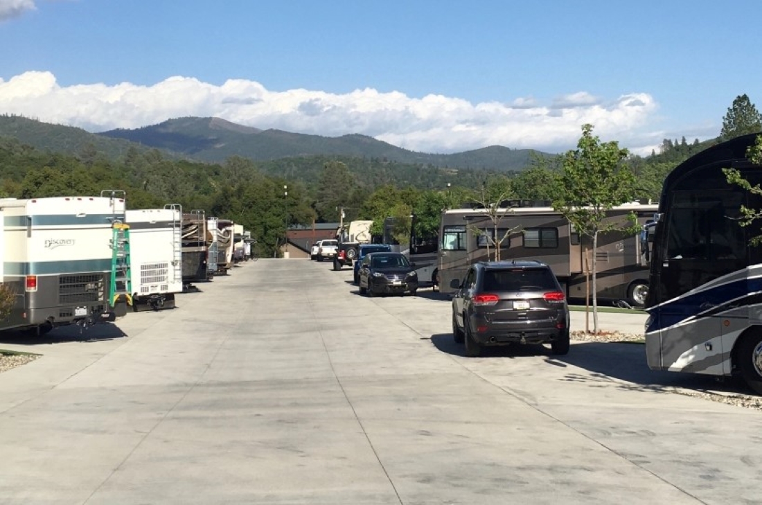 RVs with mountain in background