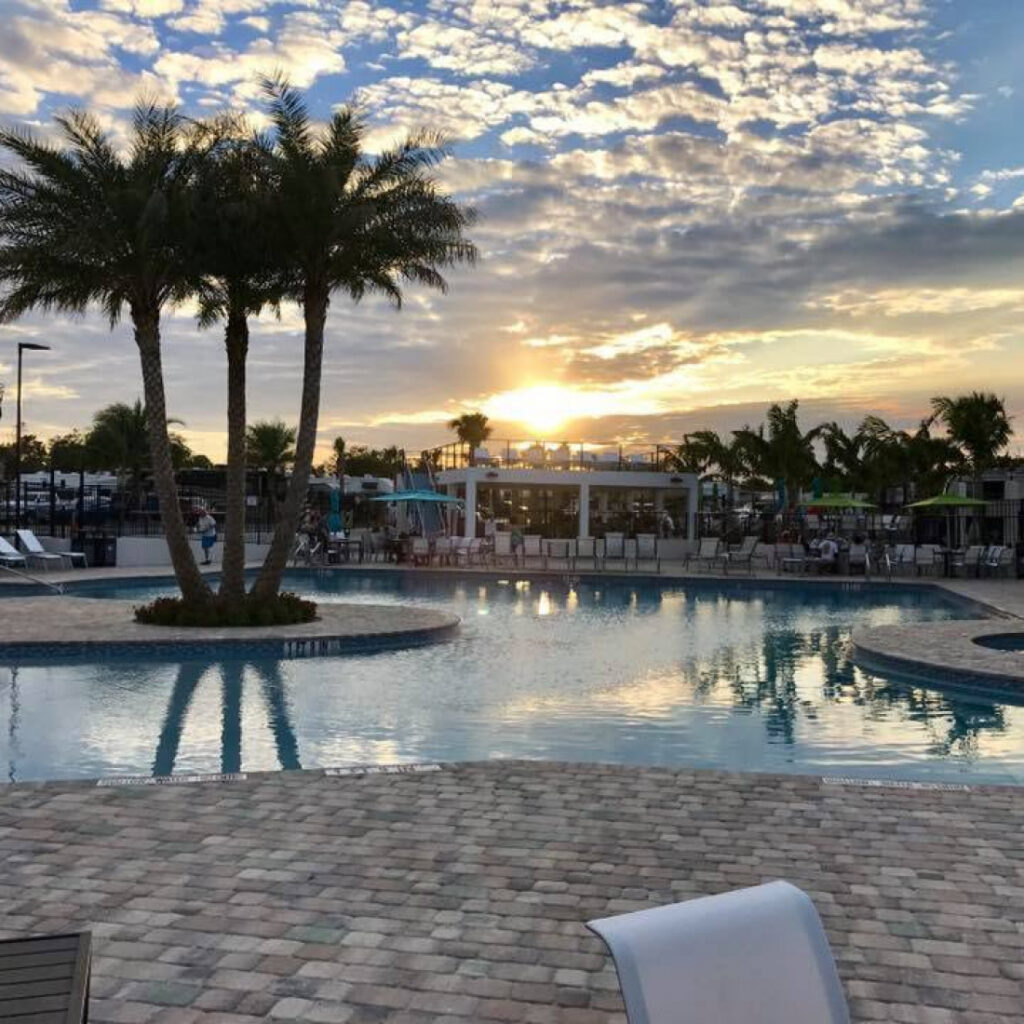 Pool with palm trees in the middle at sunset