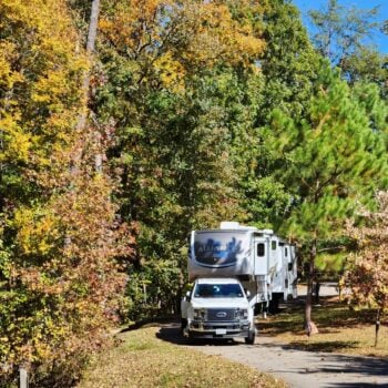 A truck and fifth-wheel at Don Carter State Park campground.