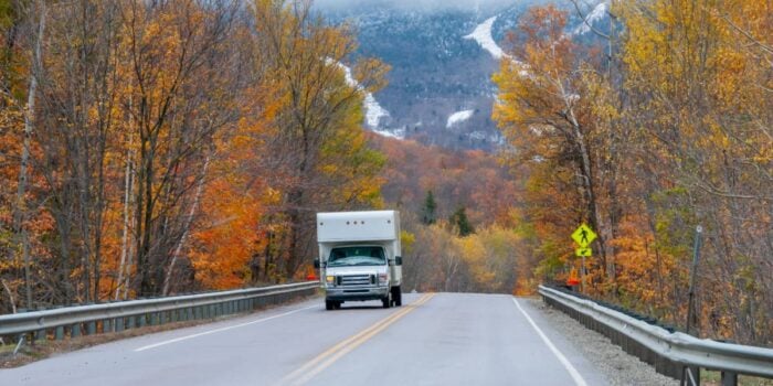 RVing down the road in Vermont during fall foliage