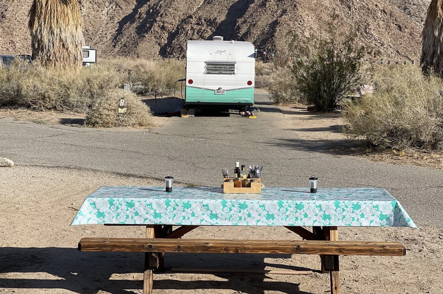 A picnic table is covered with a LITO camping tablecloth at a campsite