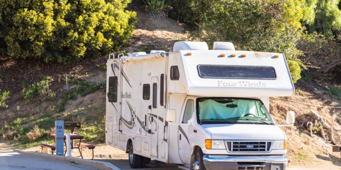 RV in campsite in California - feature image for What Is The Average Monthly Cost Of Full Time RVing