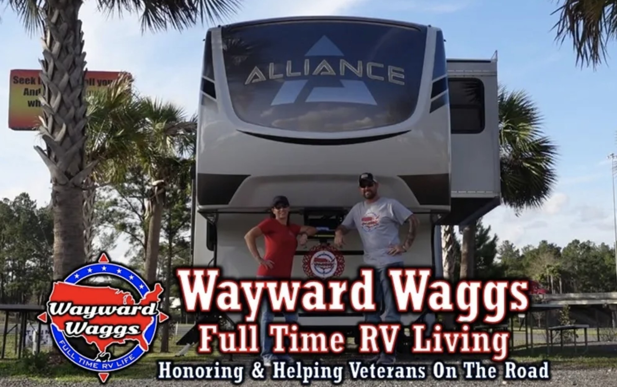 Wayward Waggs Homepage Graphic features Dustin and Leslie in front of their 5th wheel