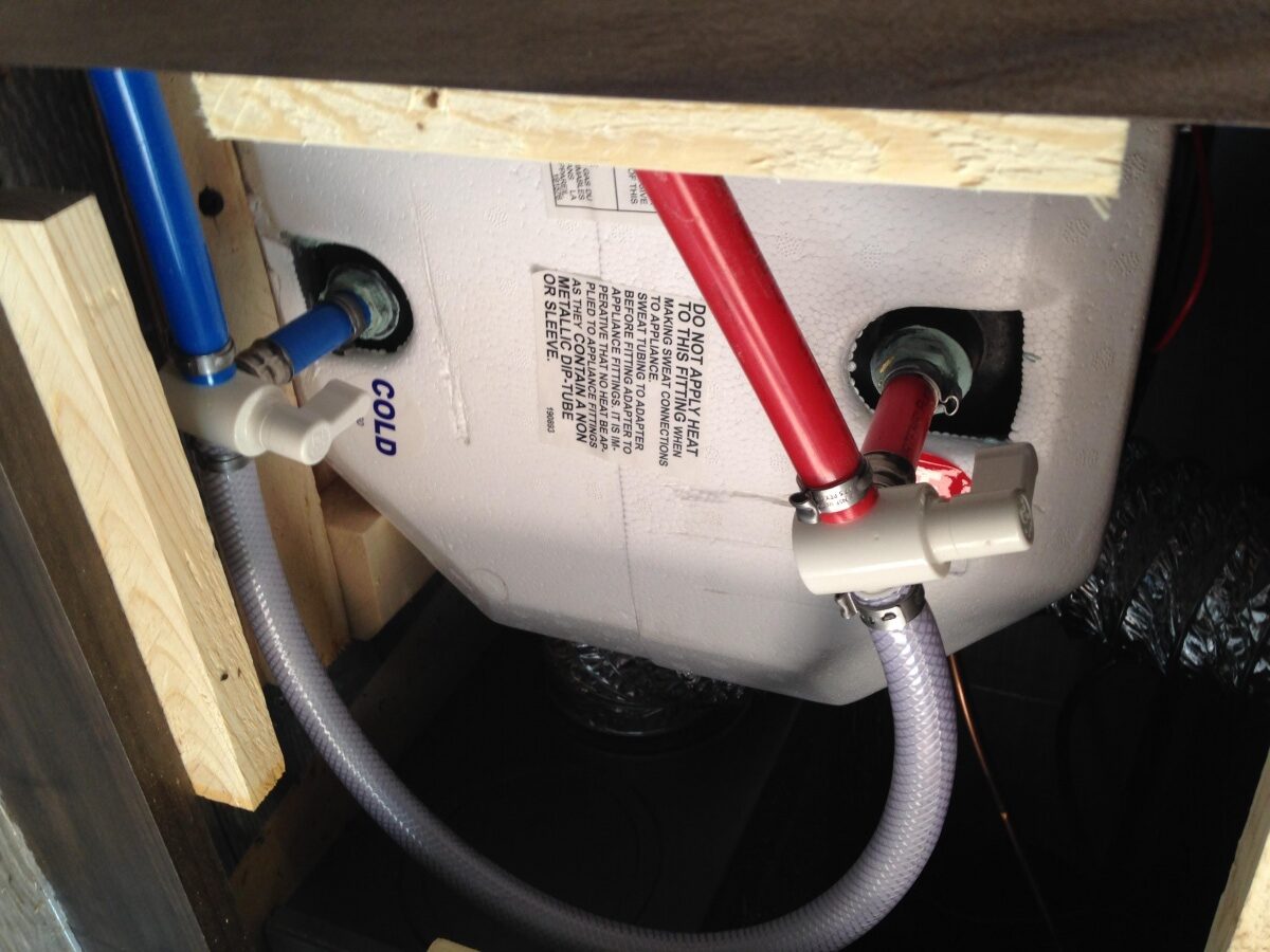 RV hot water heater in RV showing hot, cold and bypass valves