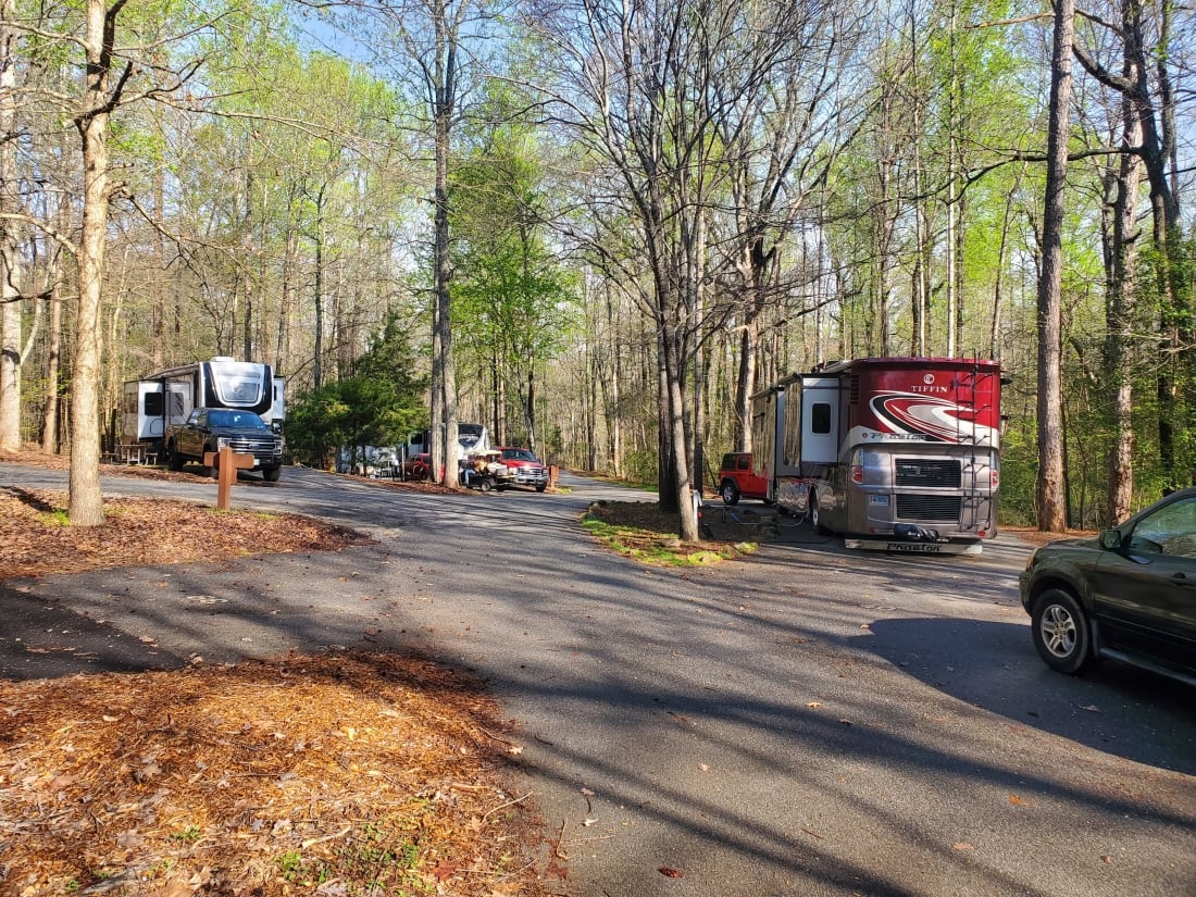 two RVs situated in campsites at Paris Mountain Stata Park, another great RV trip in the South